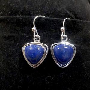 VINTAGE Sterling Silver Lapis Lazuli Cabochon Drop Dangle Earrings